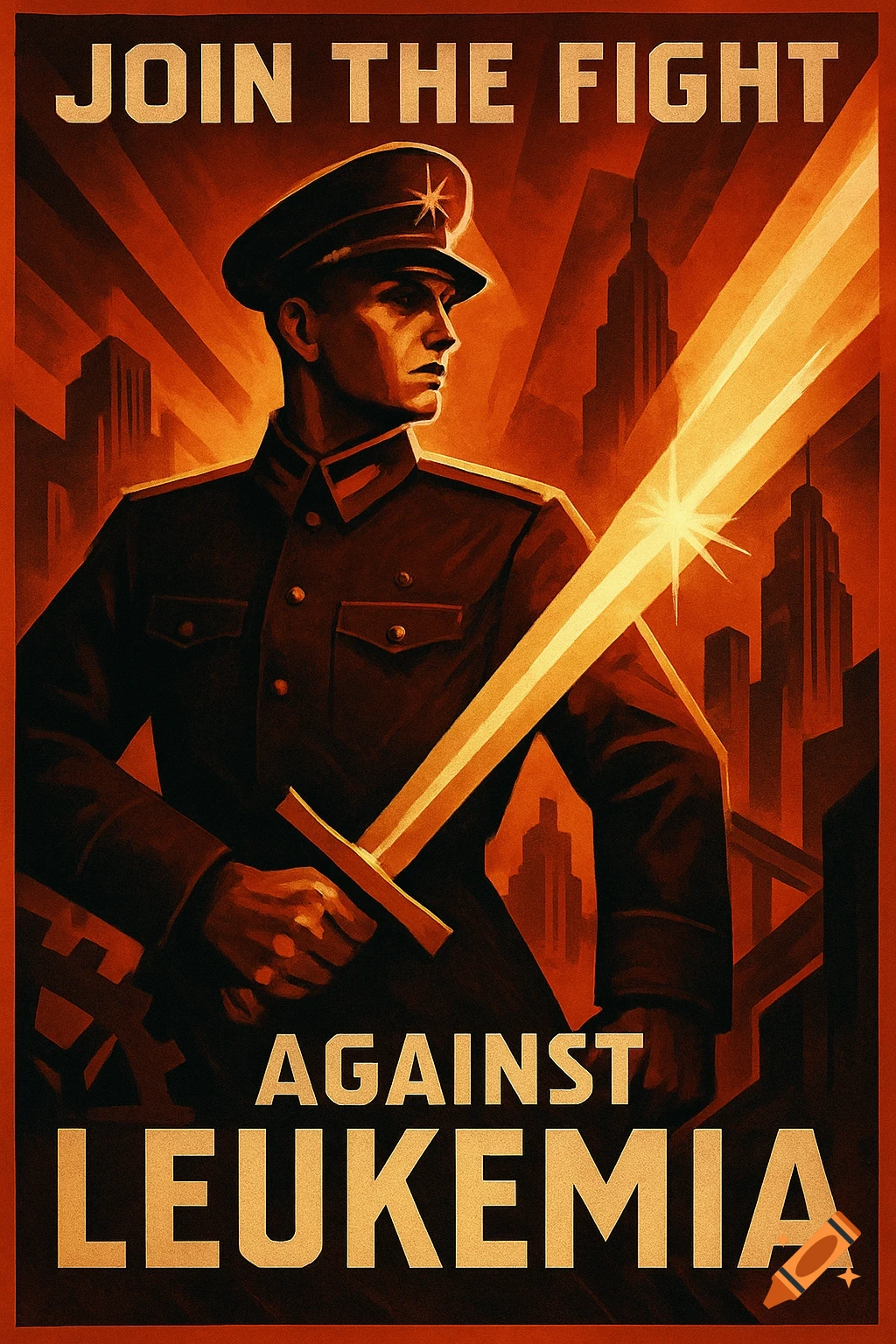 A 1930s-style propaganda poster shows a determined man in a military uniform holding a glowing sword against a city backdrop, with text 'JOIN THE FIGHT AGAINST LEUKEMIA'.