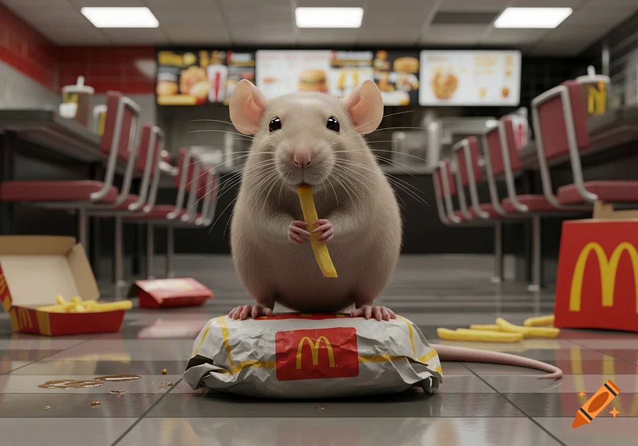 Photorealistic rat eating a french fry, sitting on a McDonald's bag on a fast-food restaurant floor.