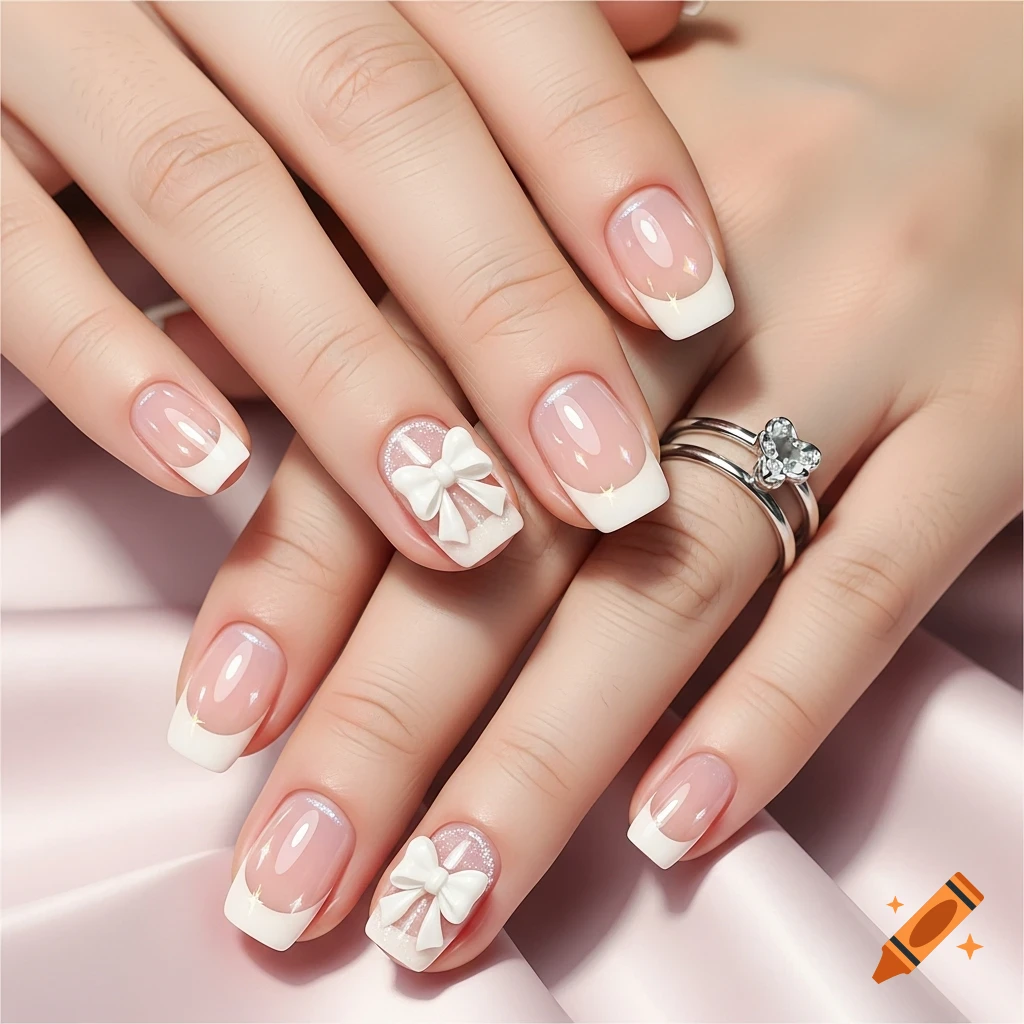 Close-up of two hands showing french tip gel nails with white bows and glitter on a pink satin background.