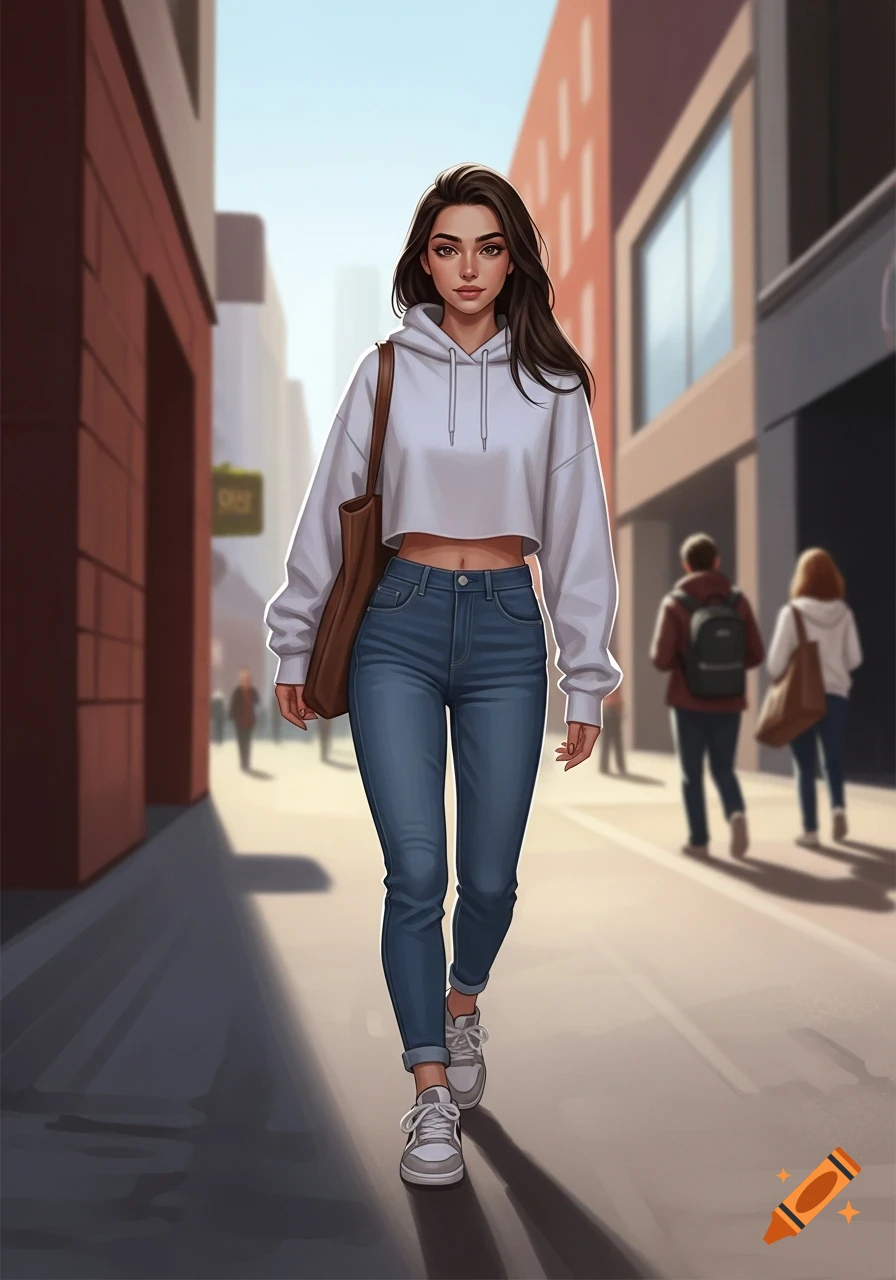 A young woman with dark hair, wearing a white crop hoodie, jeans, and sneakers, walks confidently down a city street in an anime style.