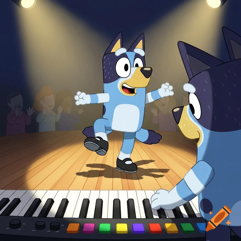 A Bluey character tap dancing on a stage under spotlights, while another Bluey character plays an electric keyboard in the foreground.