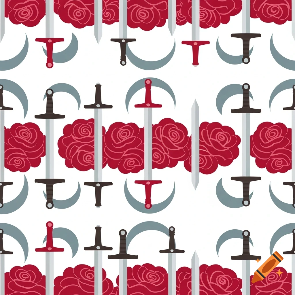 A seamless repetitive pattern of stylized red roses, silver swords with red or black hilts, and grey crescent moons on a white background.