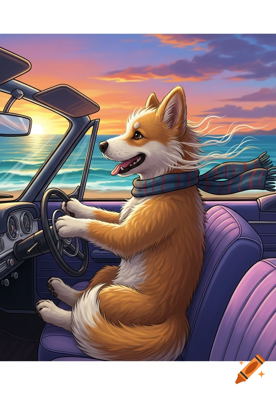 A cartoon corgi dog wearing a striped scarf drives a convertible car along a beach at sunset.
