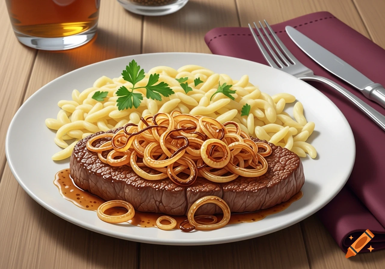 A plate of Zwiebelrostbraten (roast beef) topped with crispy fried onions, served with Sp noodles and garnished with parsley, alongside a drink and cutlery.