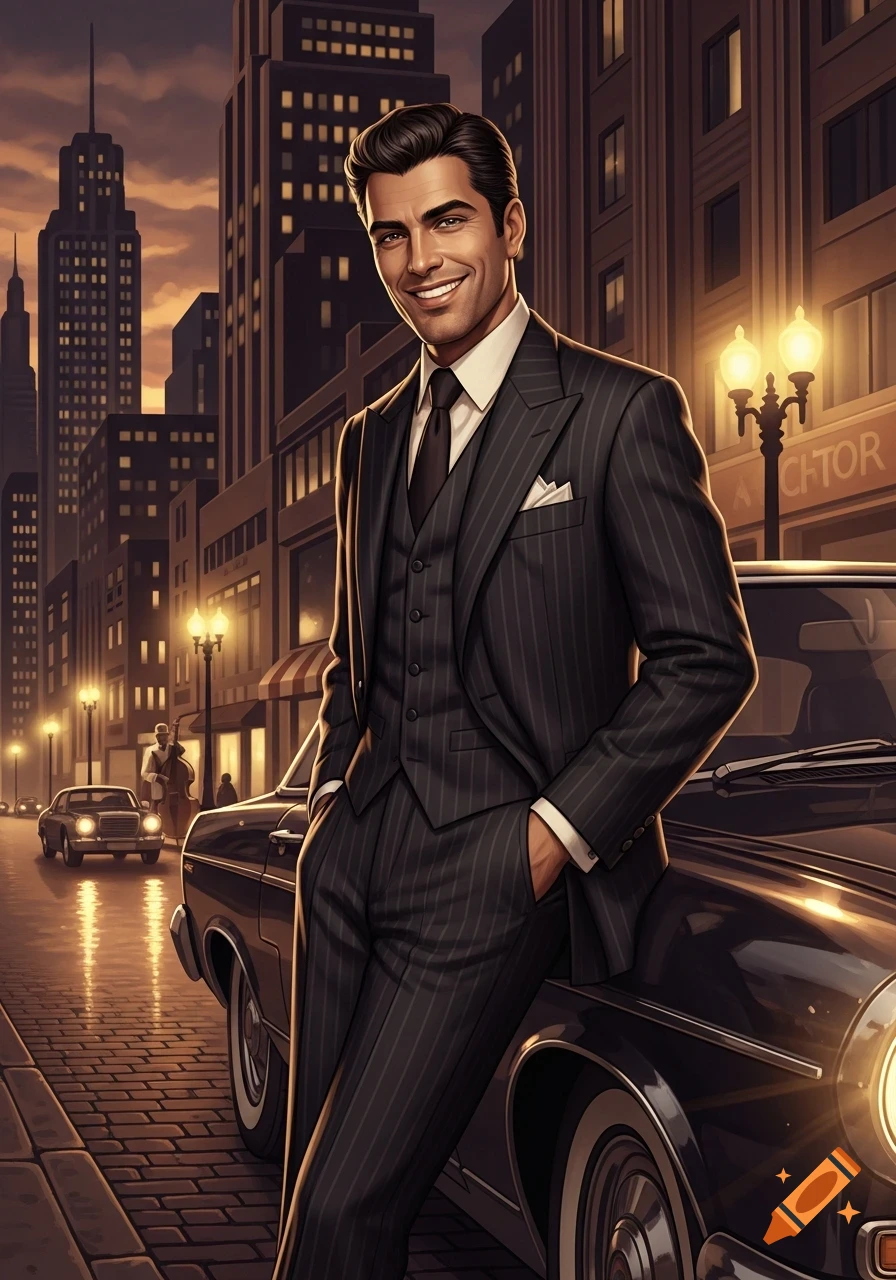 Stylized illustration of a smiling man in a pinstripe suit leaning on a vintage car on a city street at dusk.
