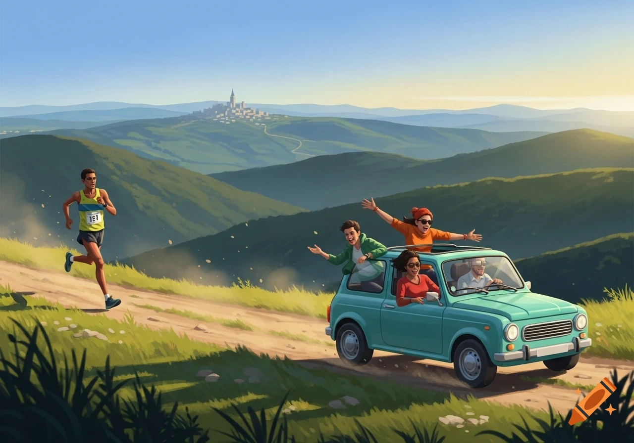 A runner on a dirt path in rolling green mountains, being cheered by people in a small teal car. A distant town sits on a hilltop.