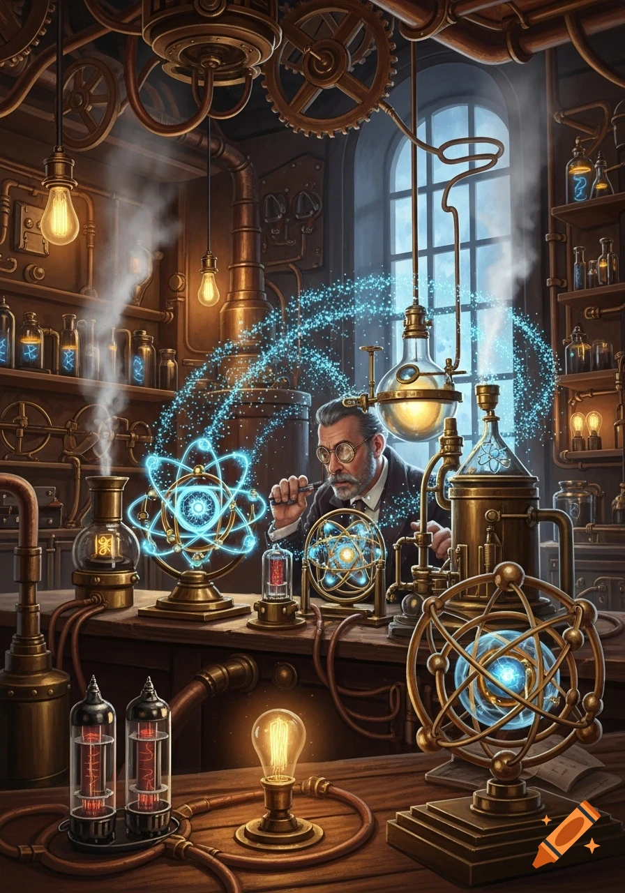 A steampunk scientist in a lab, with glowing atomic models and intricate brass machinery, conducting an experiment.