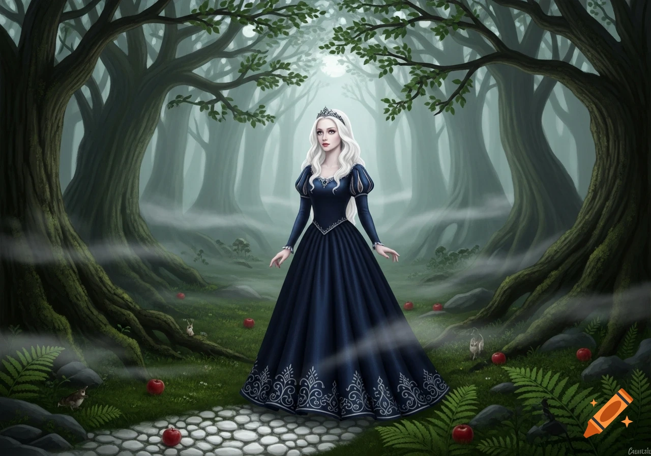 A white-haired princess in a dark blue gown stands on a stone path in a mystical forest with scattered red apples and small animals.