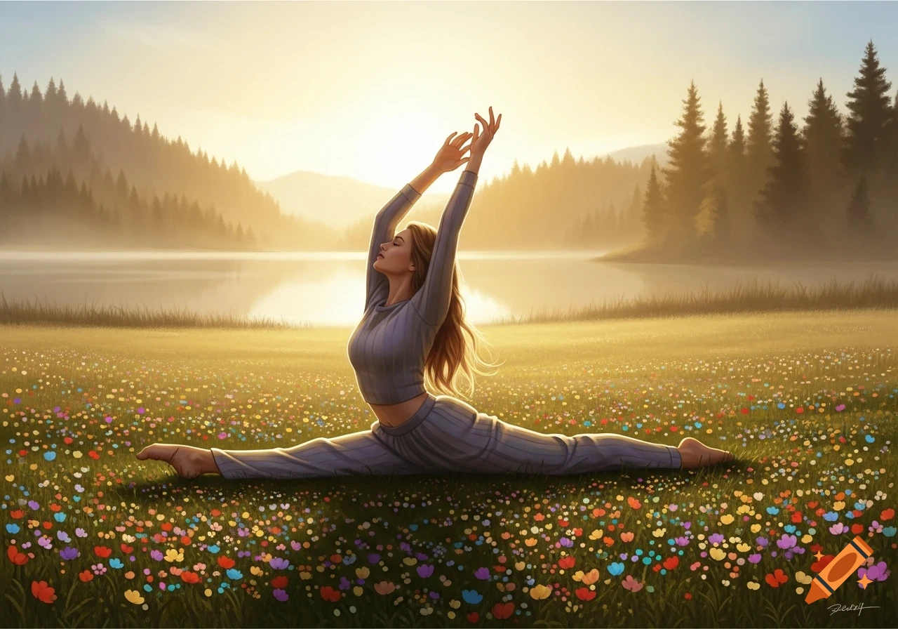 A woman performs a full split with arms raised in a vibrant wildflower field by a lake at sunrise, digital art.