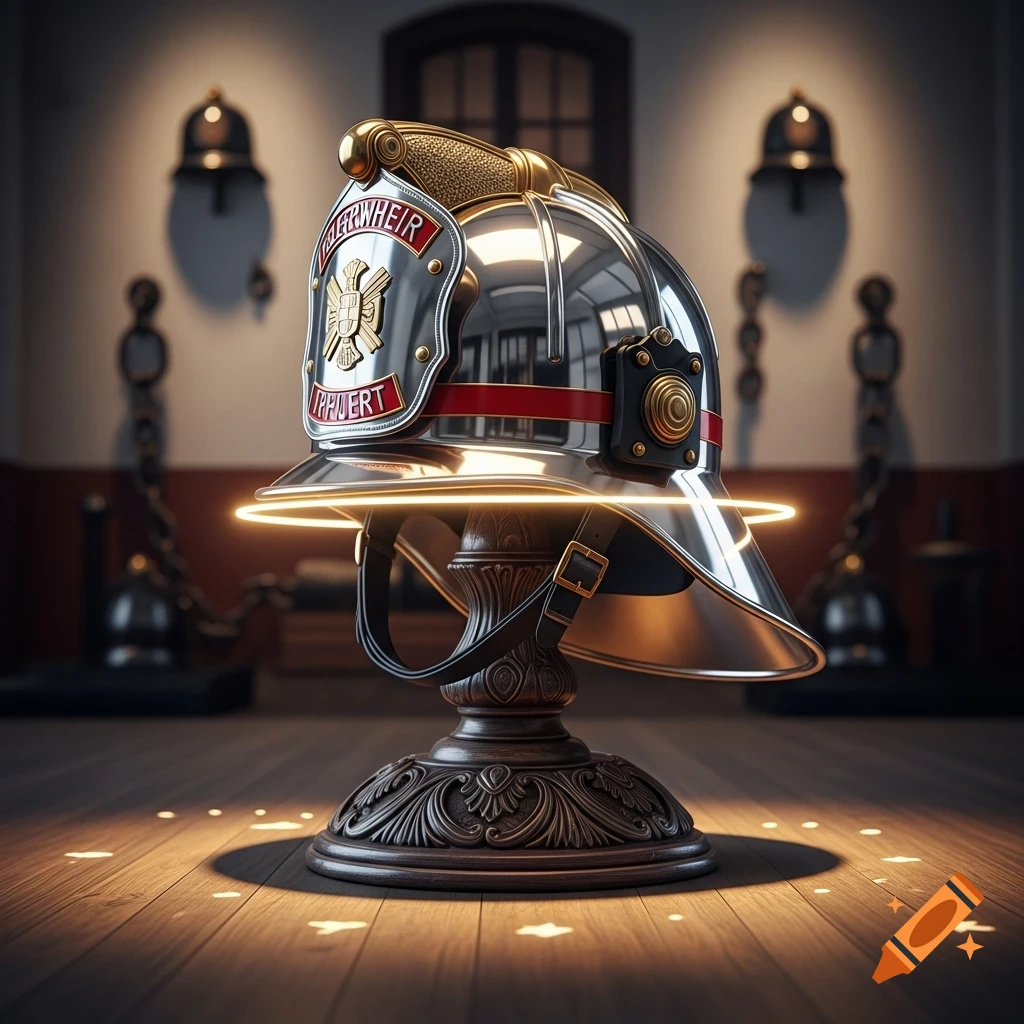A shiny, detailed German firefighter helmet with gold accents and a glowing ring, displayed on a carved wooden pedestal.