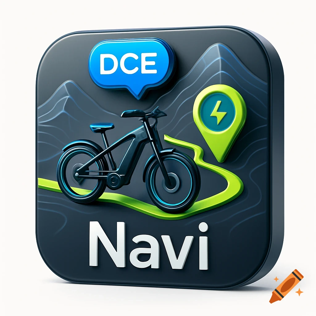 A 3D app icon for an e-bike navigation app, featuring a sleek electric bike on a winding mountain route with a glowing EV charging pin, and text 'DCE' and 'Navi'.