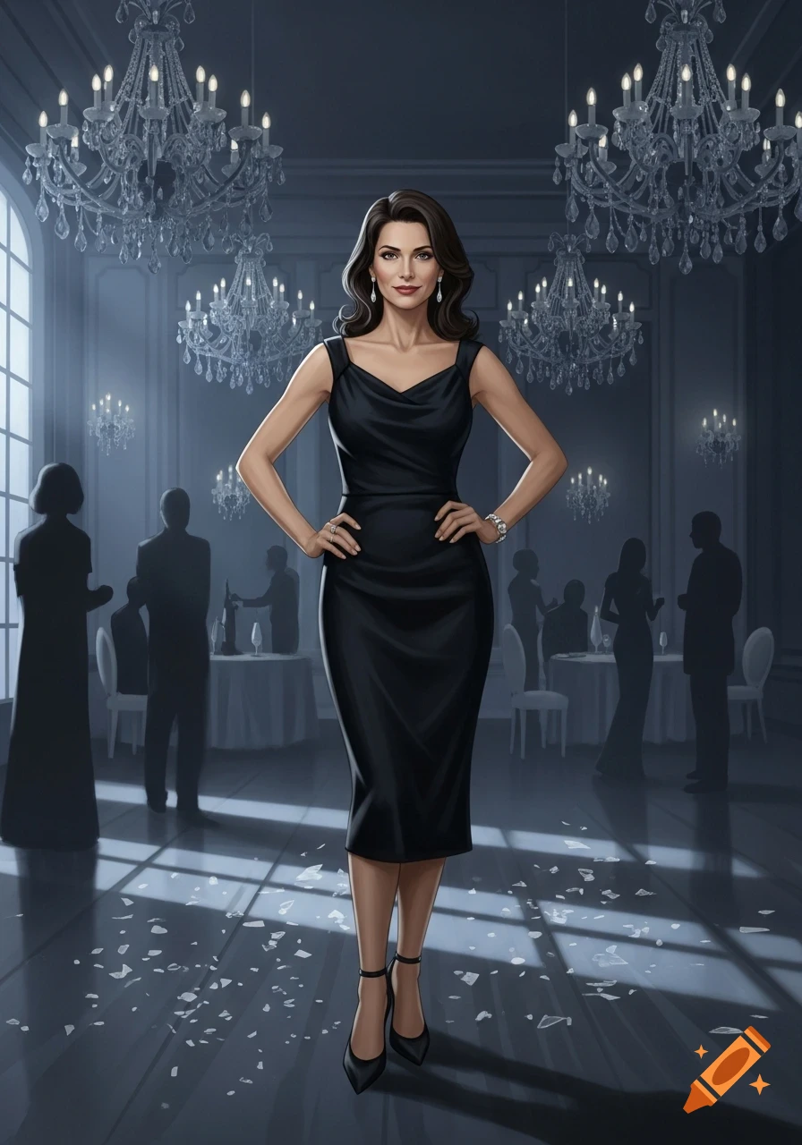 An elegant woman in a black evening dress stands confidently in a lavish ballroom with chandeliers and silhouetted guests. Illustration.