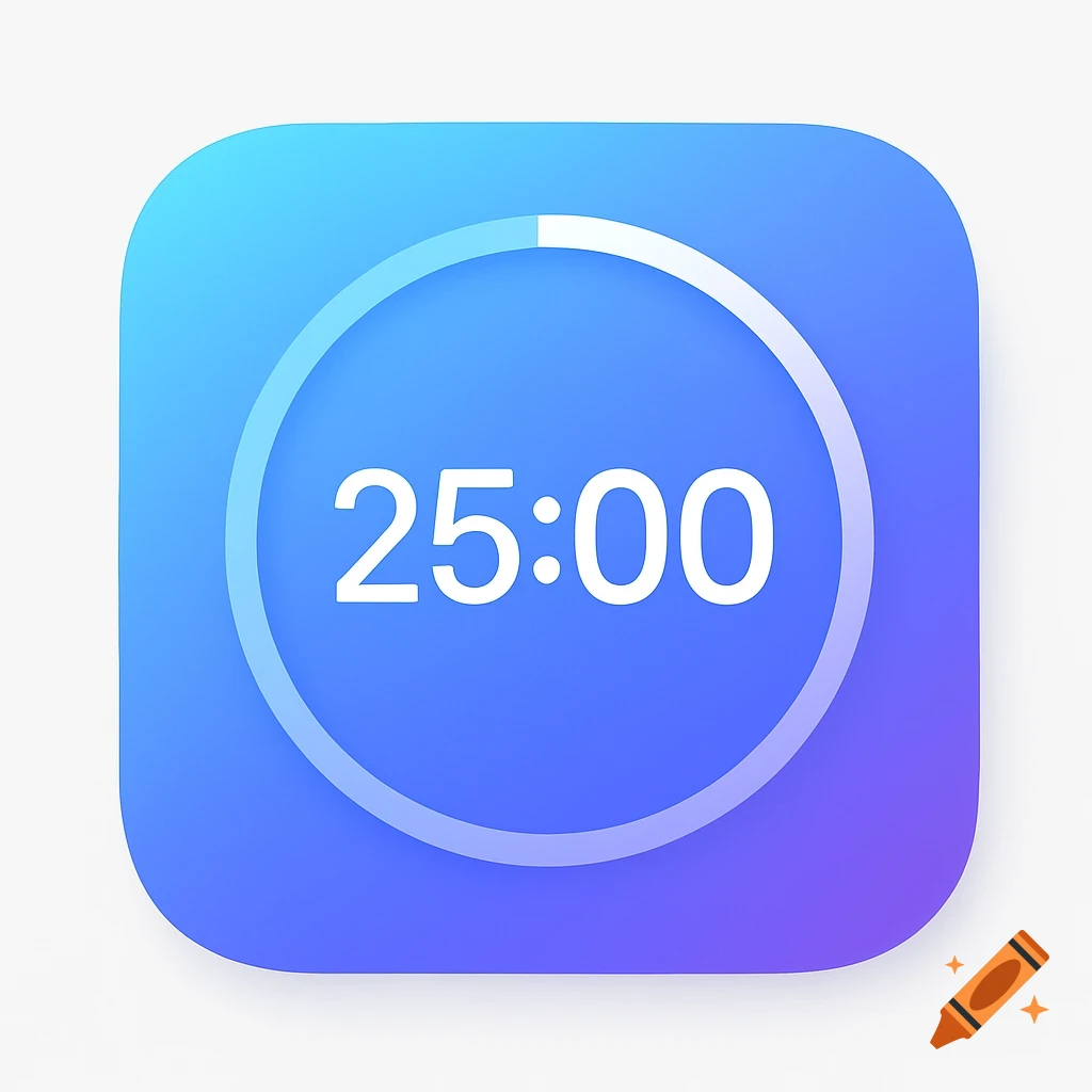 A minimalist timer app icon with a blue and purple gradient background, showing "25:00" in white text within a circular white progress ring.