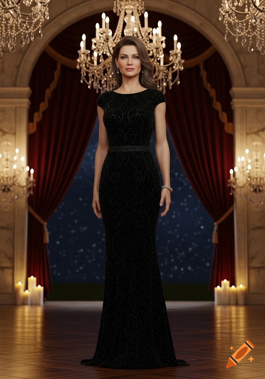 A woman in a sparkling black evening gown stands in a grand ballroom with chandeliers and a starlit night visible.