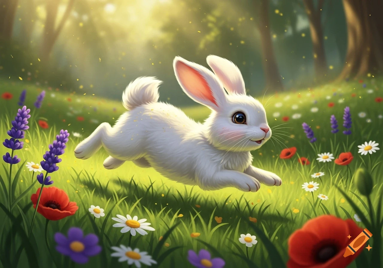 A fluffy white cartoon rabbit with pink ears hops through a vibrant spring meadow filled with colorful flowers under soft sunlight.