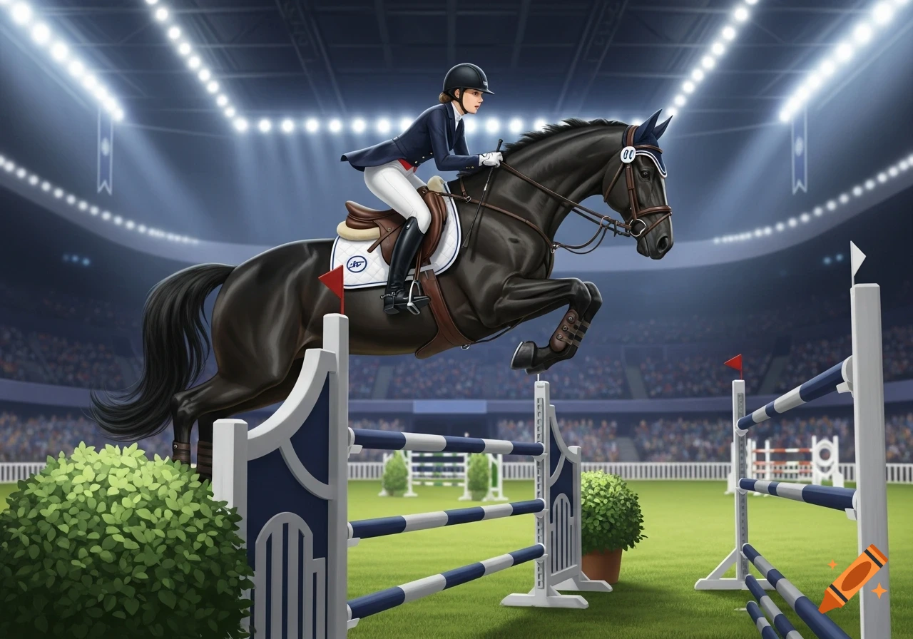 An equestrian rider in a dark blue jacket and white breeches on a black horse leaps over a white and blue hurdle in a brightly lit indoor arena. The background shows spectators.