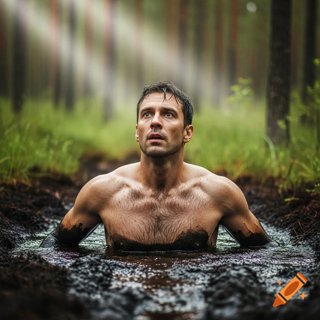 Photorealistic shot of a shirtless man with a concerned expression, chest-deep in thick dark mud in a forest.
