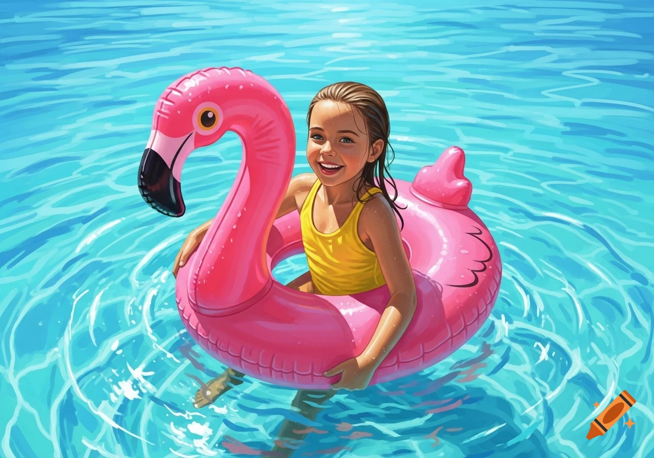 A smiling young girl in a yellow swimsuit floats on a pink flamingo inflatable in a blue swimming pool, in a vibrant illustration style.