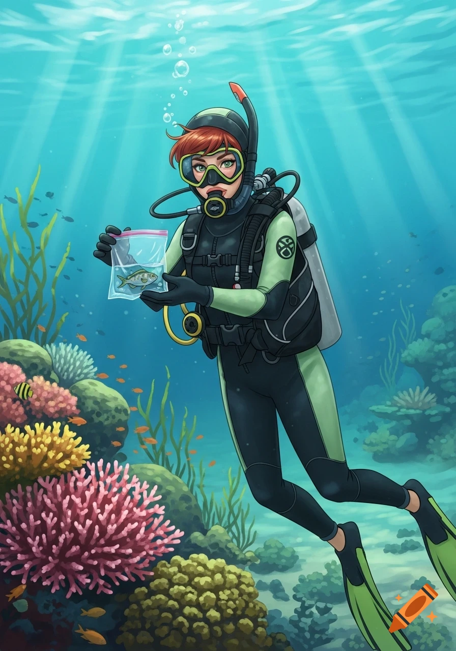 An illustration of a woman scuba diver with red hair holding a fish in a plastic bag underwater near a colorful coral reef.