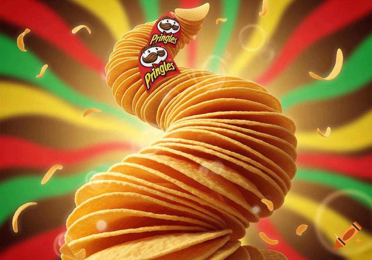 A spiral stack of Pringles potato chips with two Pringles labels, against a yellow, red, and green striped background. Loose chips float around the spiral.