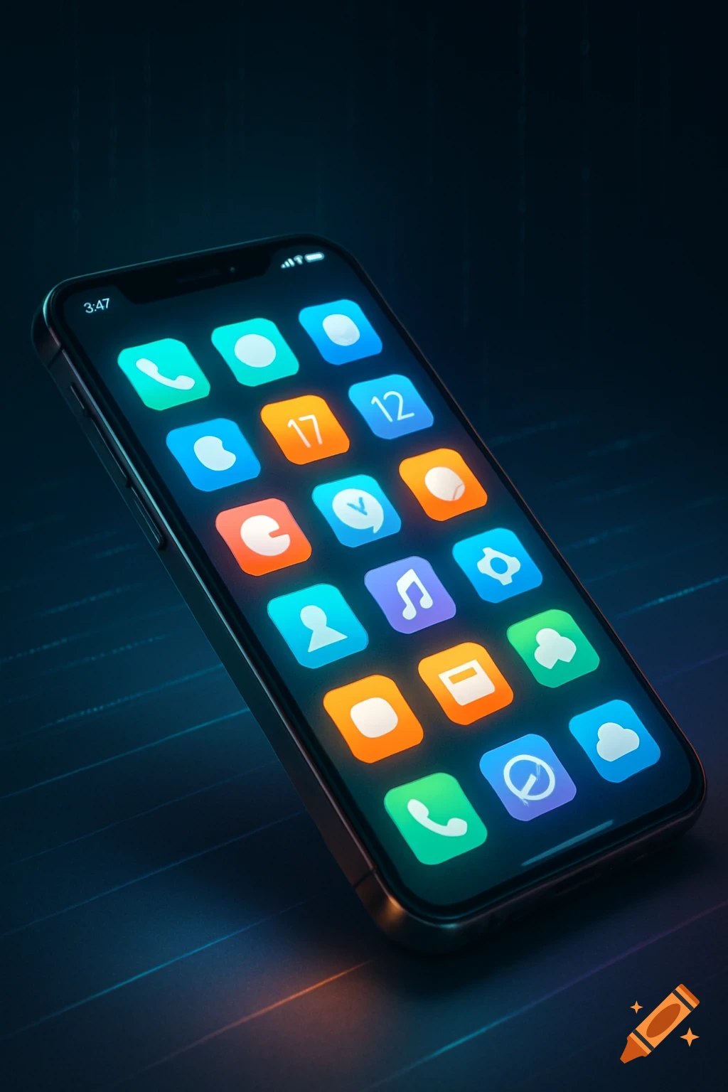 A modern smartphone with colorful app icons displayed on its screen, set against a dark, glowing background.