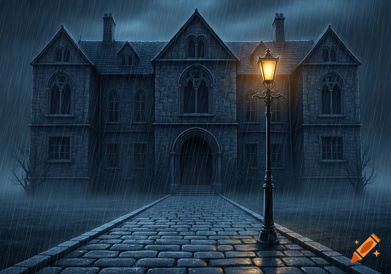 A dark gothic mansion looms in heavy rain at night, illuminated by a glowing streetlamp on a stone path.