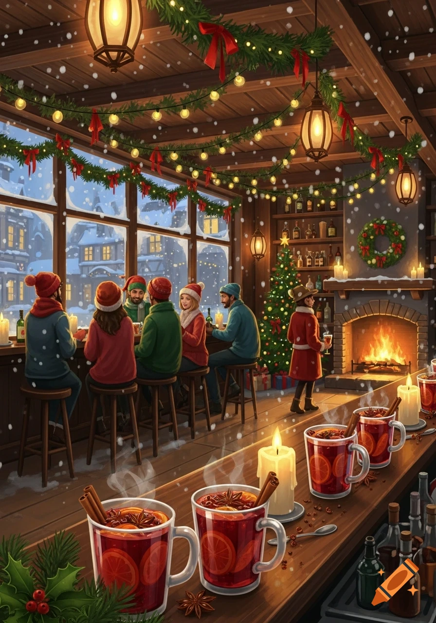 A cozy Christmas bar scene with people sitting at the counter, festive decorations, mugs of mulled wine, a fireplace, and snow falling outside.