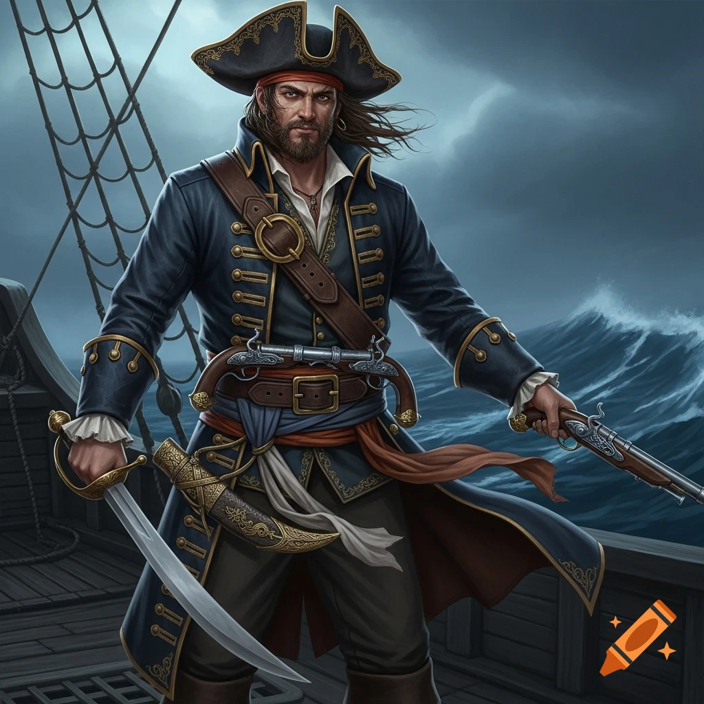A fierce pirate in a tricorn hat and blue coat stands on a ship's deck, holding a sword and pistol, with a stormy sea behind him in a fantasy art style.
