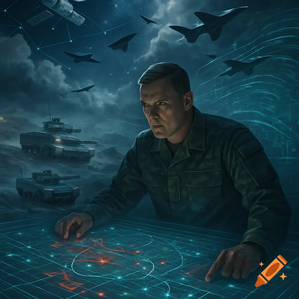 A military commander studies a glowing strategic map, with tanks and fighter jets in a dark, cloudy sky, digital art.