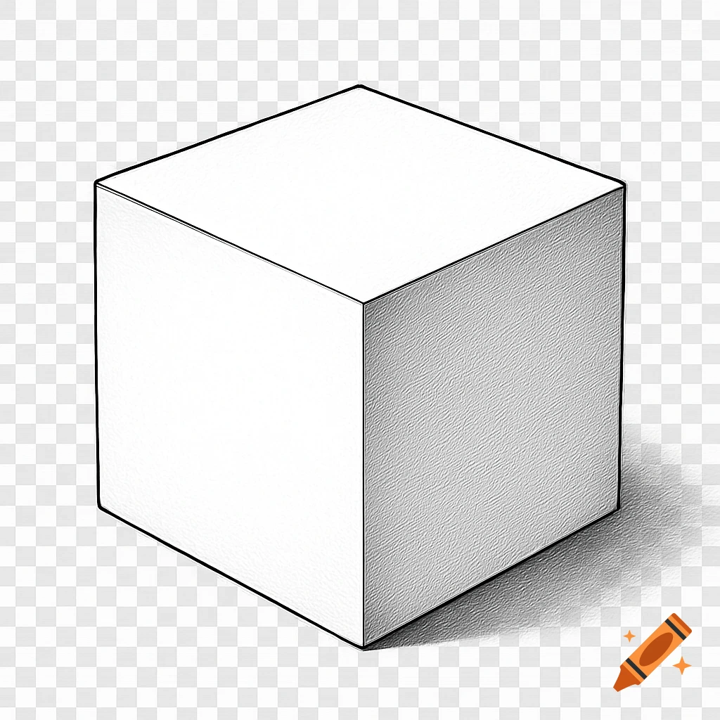 A white cube with clean black outlines, textured surfaces, and a subtle shadow, appearing as a technical illustration on a transparent background.