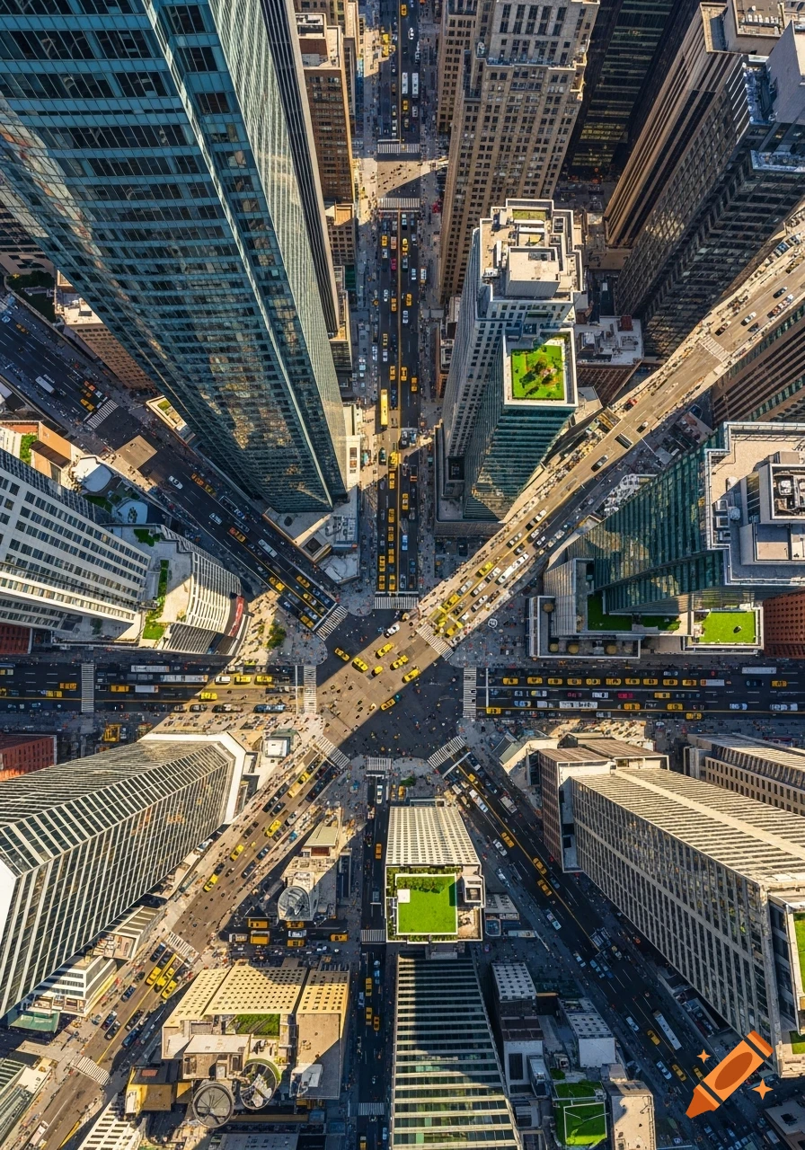 Photorealistic aerial view of a bustling city intersection with tall skyscrapers, busy streets, and many yellow taxis.