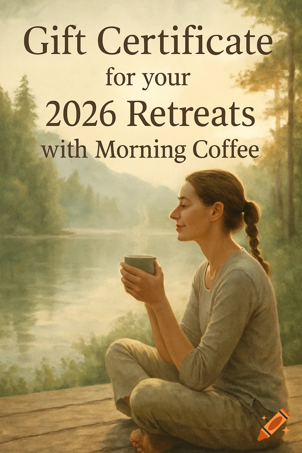 A woman meditates by a misty lake at sunrise, holding a steaming coffee cup. Text reads: 'Gift Certificate for your 2026 Retreats with Morning Coffee'.