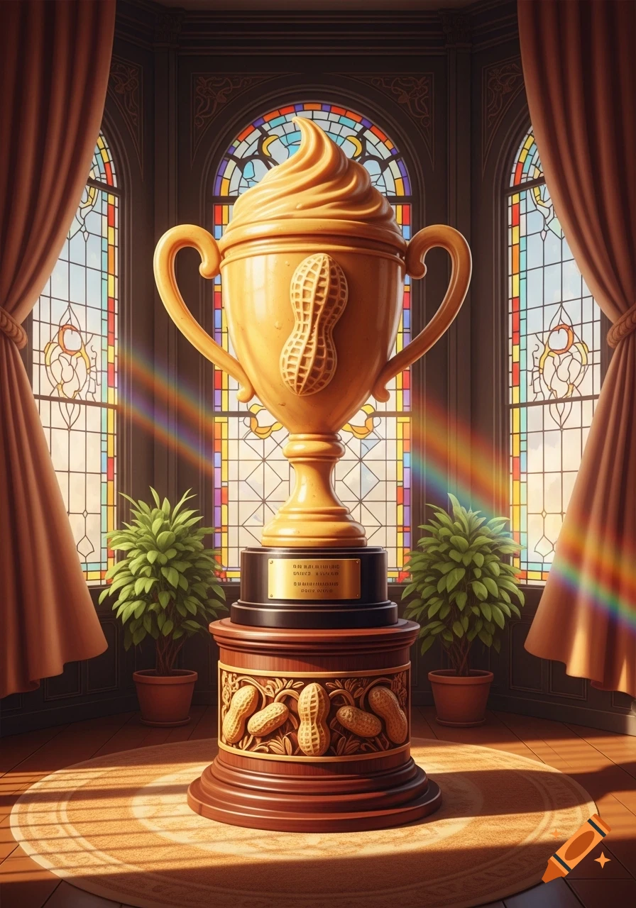 A golden peanut butter trophy with a swirl top and peanut designs sits on a wooden base in a grand room with stained glass windows and two potted plants, bathed in sunlight.