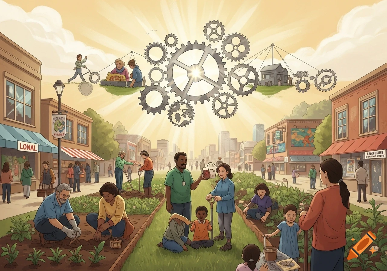 Diverse people garden in urban community plots under abstract gears symbolizing cooperation in an illustration.