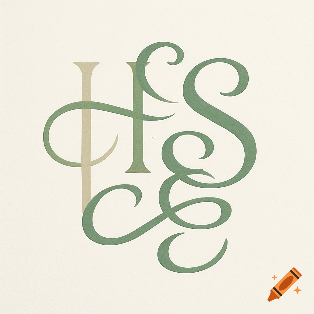 A modern, intertwined monogram of the letters HEISE in green and beige against a light cream background.