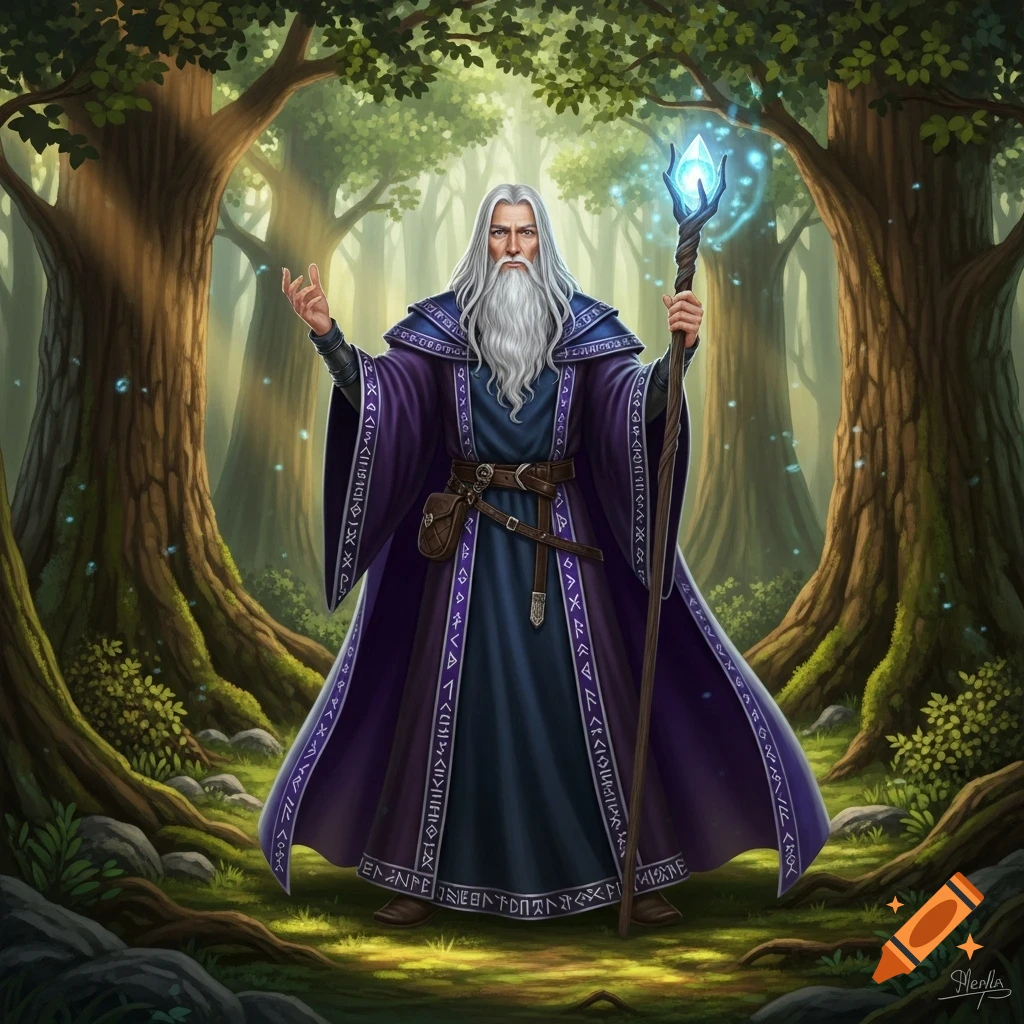 A white-bearded wizard in a blue and purple robe holds a glowing staff in an enchanted forest.