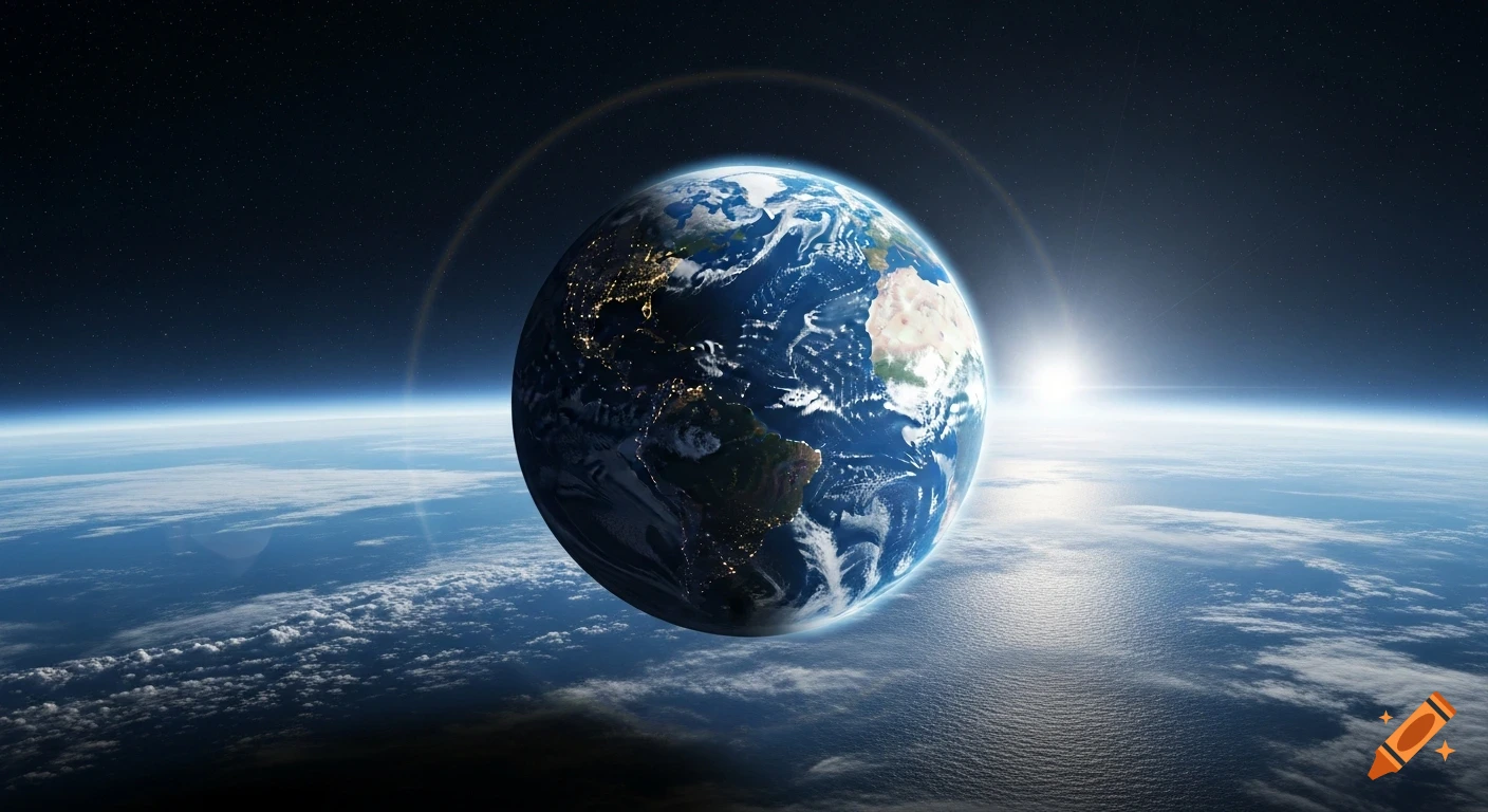 View of Earth from space, half-lit by the sun, showing continents, clouds, and city lights on the night side.