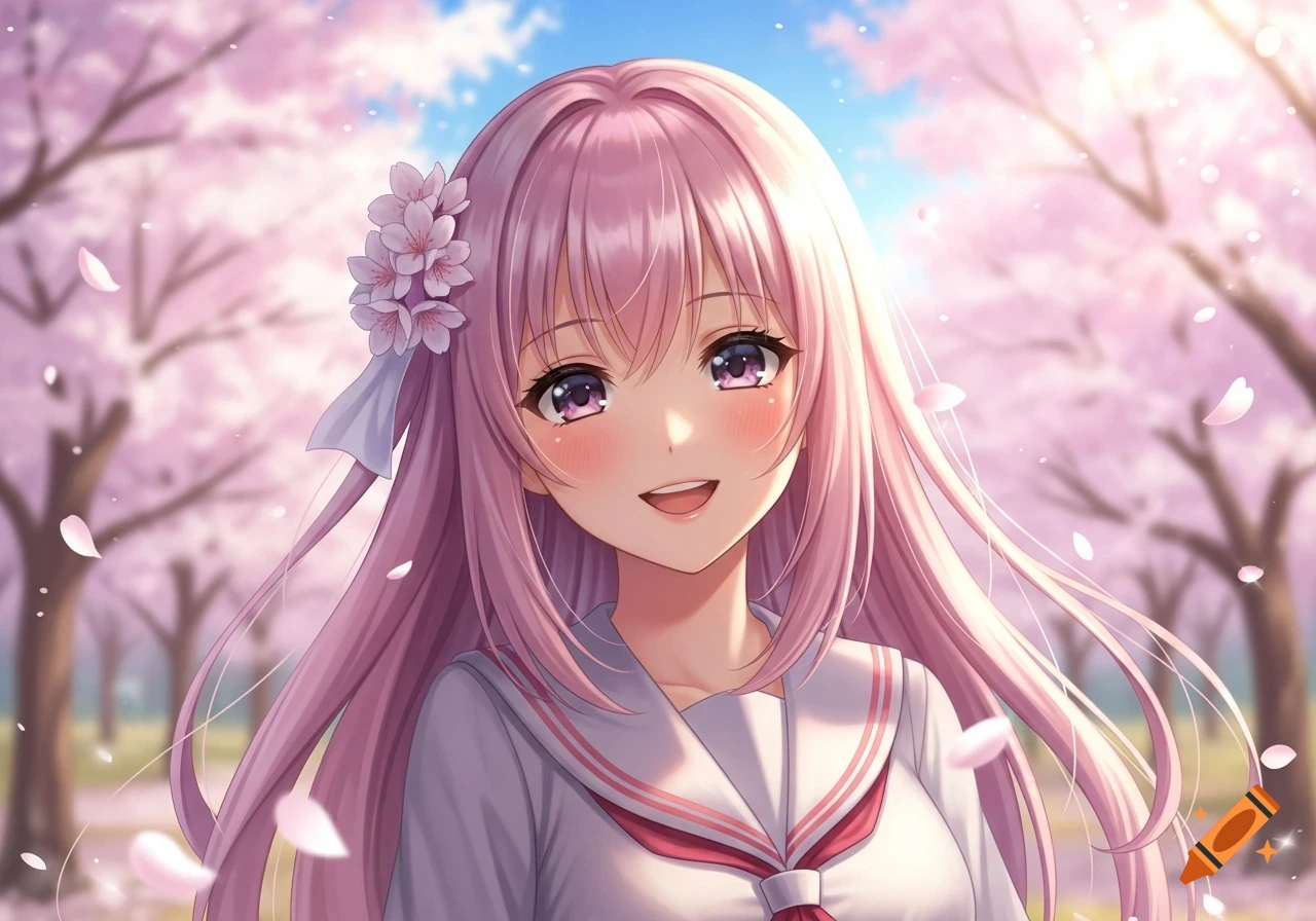 Smiling anime girl with long pink hair and a flower in her hair, wearing a school uniform, in a cherry blossom garden.