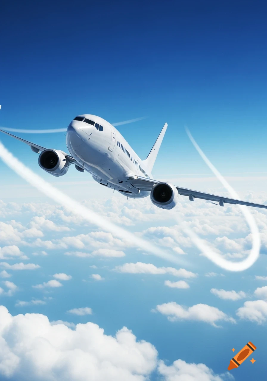 A white passenger airplane flies upwards through a bright blue sky above a layer of white clouds.