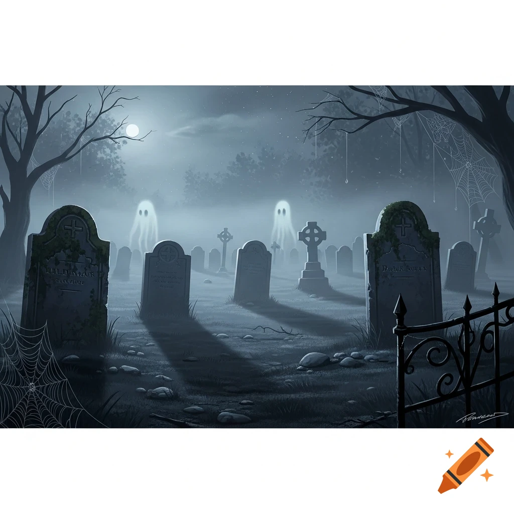 Stylized illustration of a misty graveyard at night with tombstones, two glowing ghosts, and a full moon.
