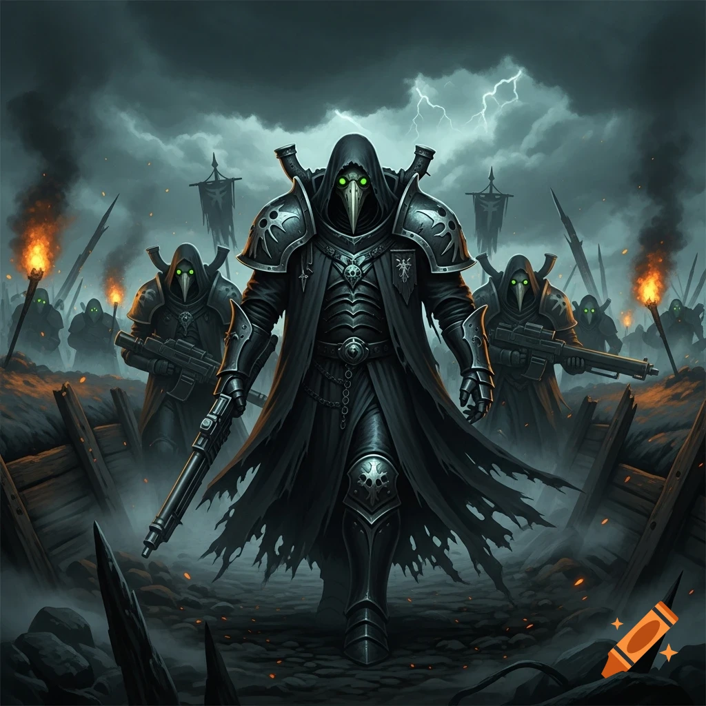 Dark fantasy image of armored plague knights with glowing green eyes marching through a stormy, torchlit trench battlefield.