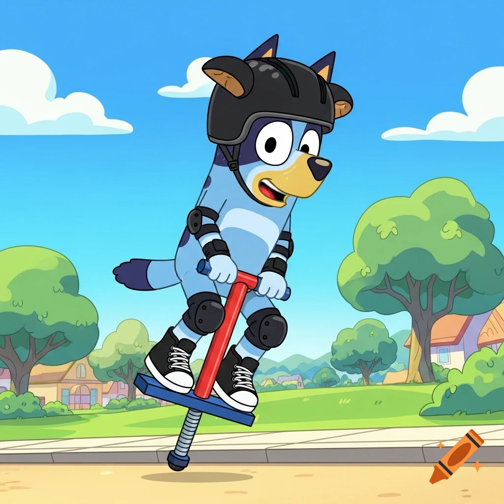 Bluey Heeler, wearing a black helmet and pads, jumps on a red pogo stick in a vibrant cartoon neighborhood.