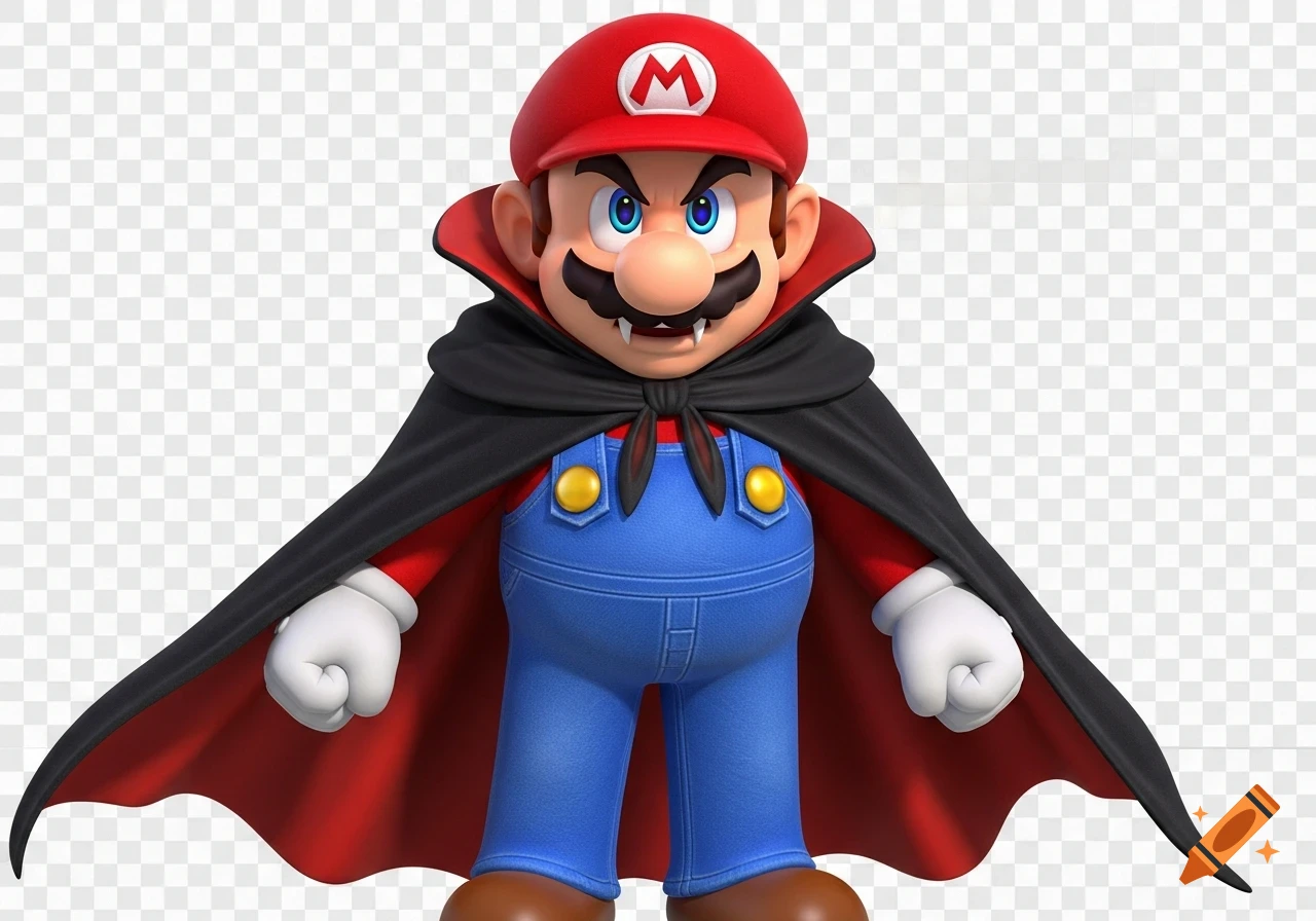 Super Mario as a vampire, with fangs and red eyes, wearing a black cape and blue overalls, on a transparent background.