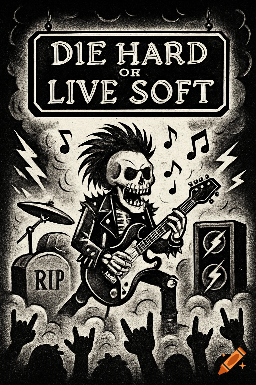 Black and white cartoon of a mohawked skeleton playing electric guitar at a concert under a 'DIE HARD OR LIVE SOFT' sign, with a tombstone and crowd hands.
