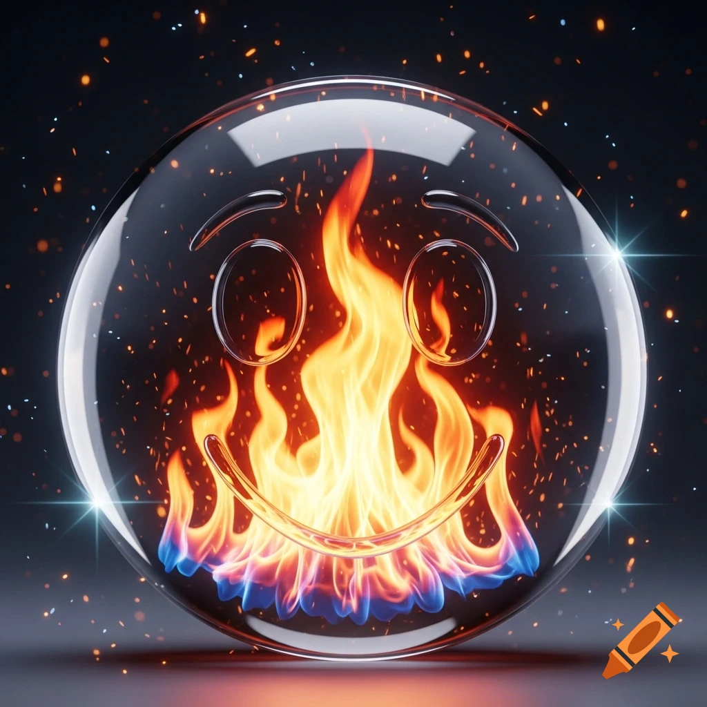 A clear glass emoji face with vibrant orange and blue flames burning inside, against a dark, sparkling background.