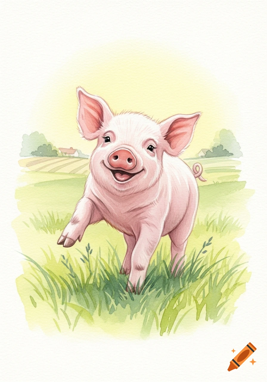 A smiling pink pig with floppy ears running through a green farm meadow in a sunny watercolor children's illustration style.