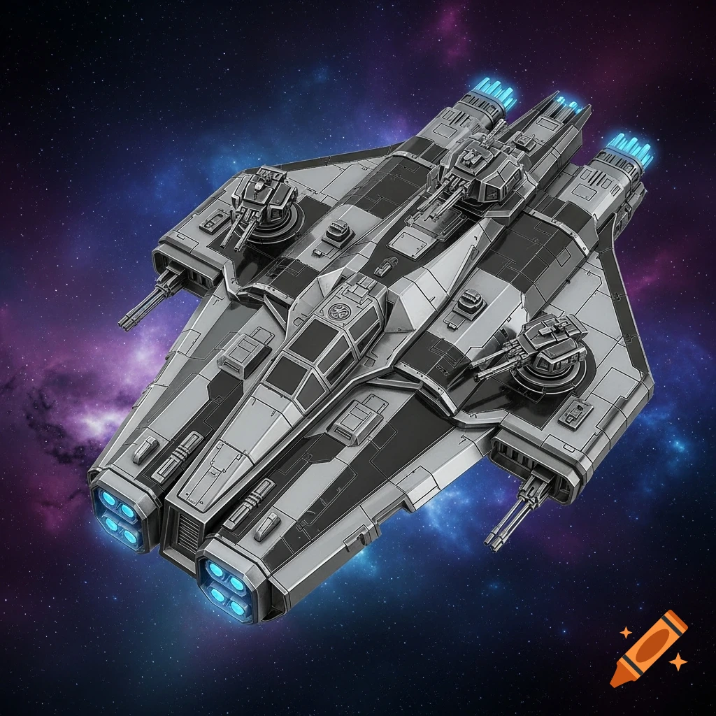 Top-down view of a detailed grey and black spaceship with blue glowing engines, set against a purple and blue cosmic background.