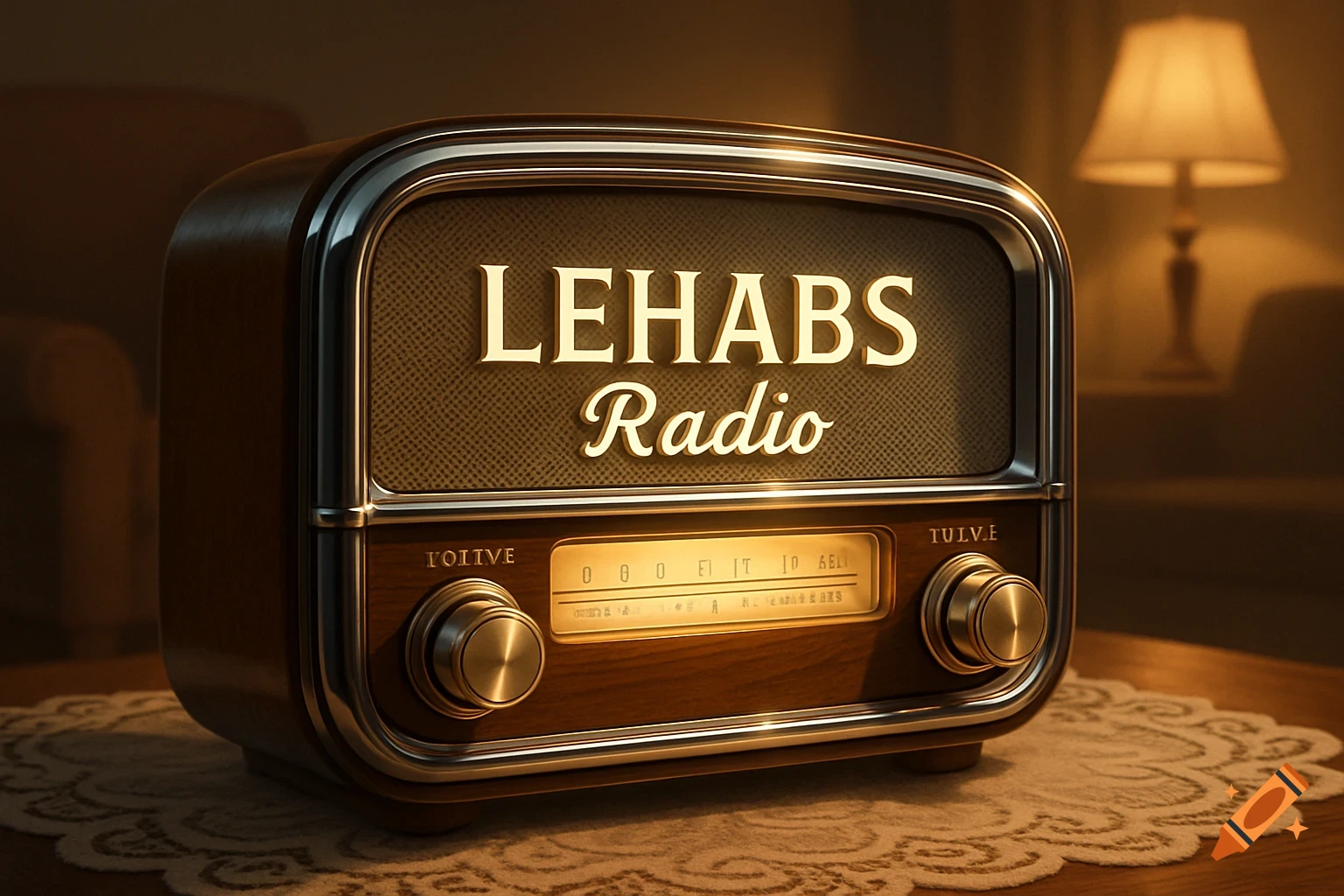 A vintage wooden radio with a metallic frame on a lace doily, displaying "LEHABS Radio" and garbled text on the tuning dial, under warm lamplight.
