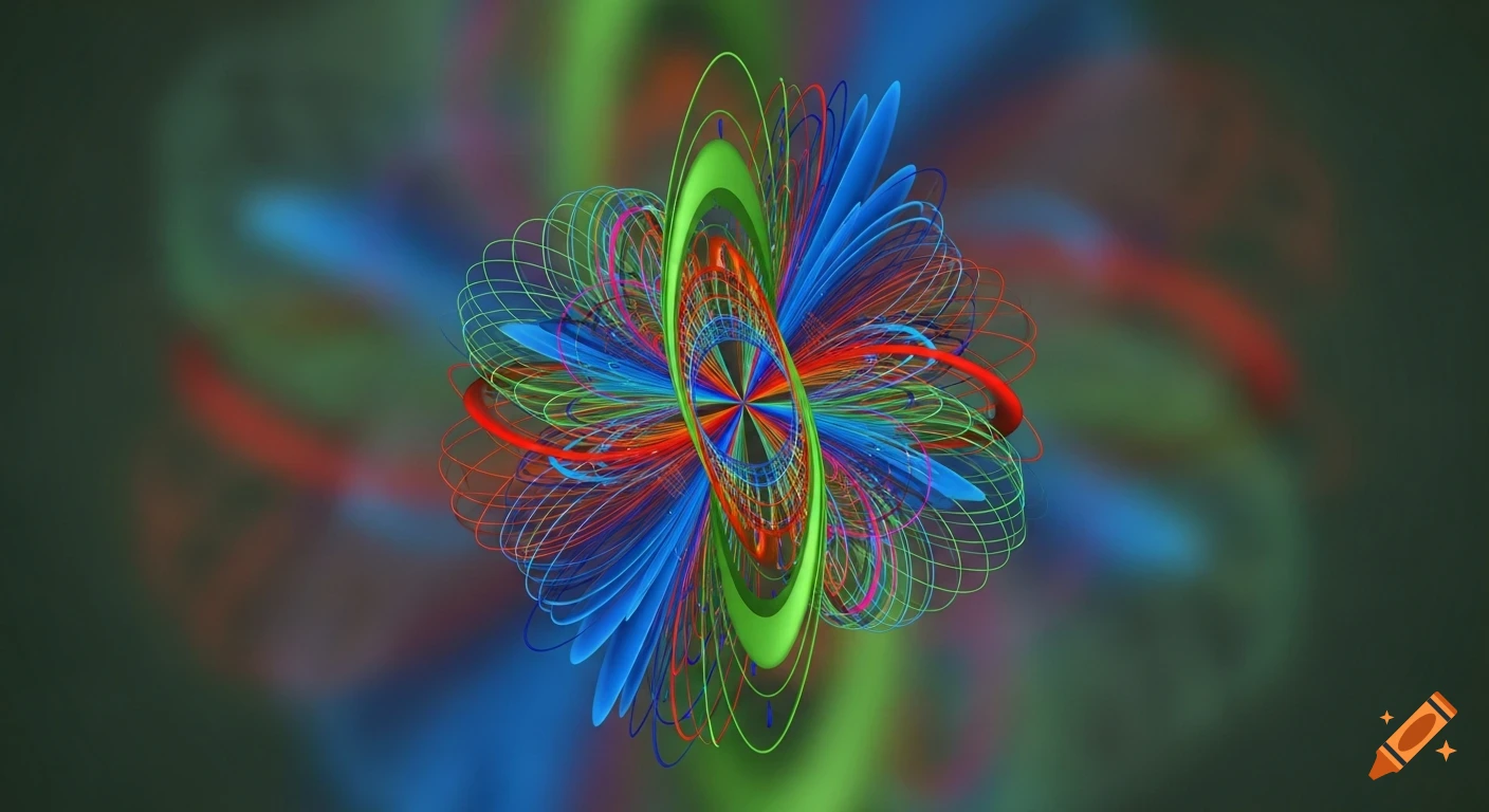 Colorful abstract symmetrical pattern of intertwining lines and shapes on a dark background.