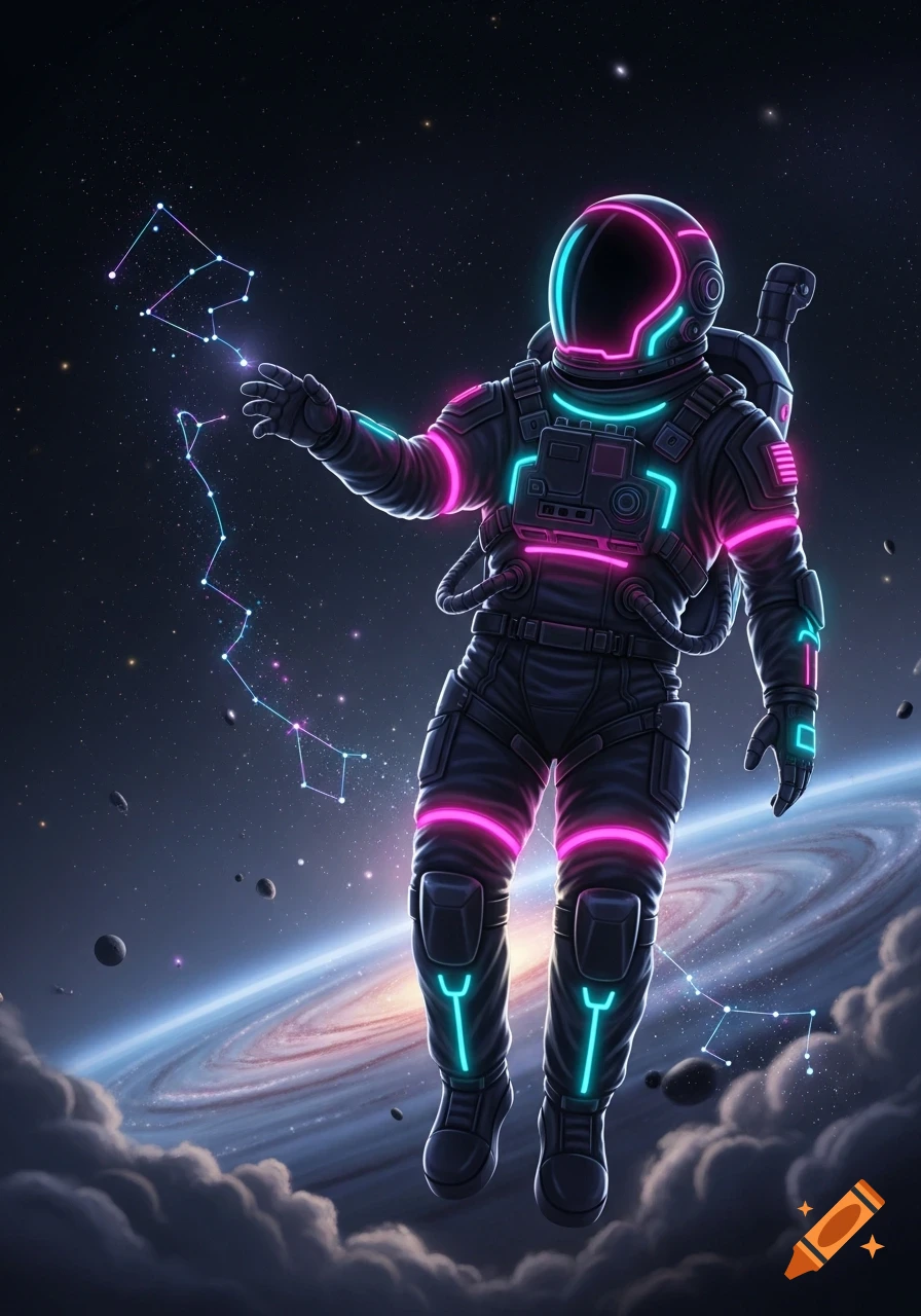 Neon astronaut floating in space with constellations, a spiral galaxy, and nebulae.